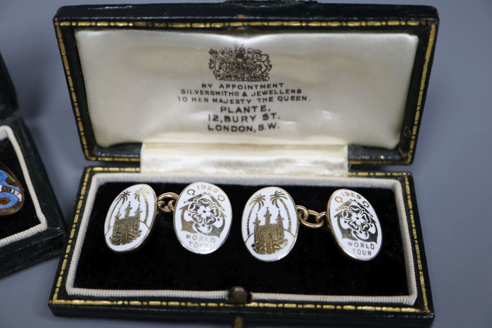 Three assorted cased pairs of 1950s 9ct gold and enamel cufflinks relating to HRH Prince Philip, see images for detail,